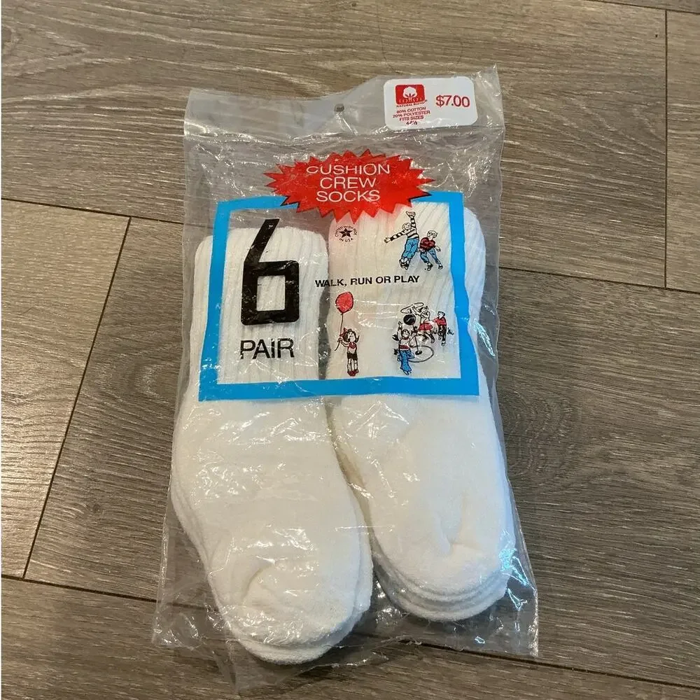 NEW Vintage Hanes Cushion Crew Socks 6 Pairs Size 4 - 6.5‎ USA White Deadstock